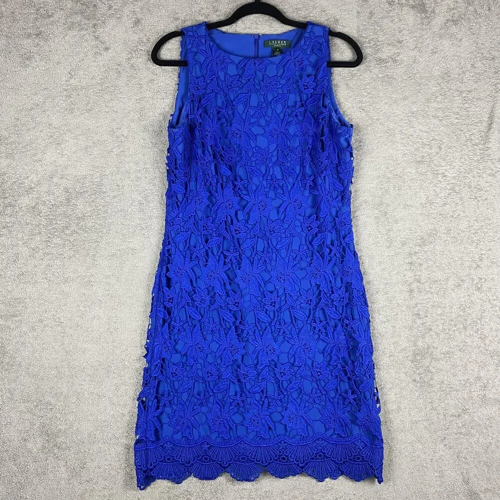 Lauren Ralph Lauren Dress Womens 8 Floral Lace Sleeveless Festive Cocktail Party - Picture 1 of 12